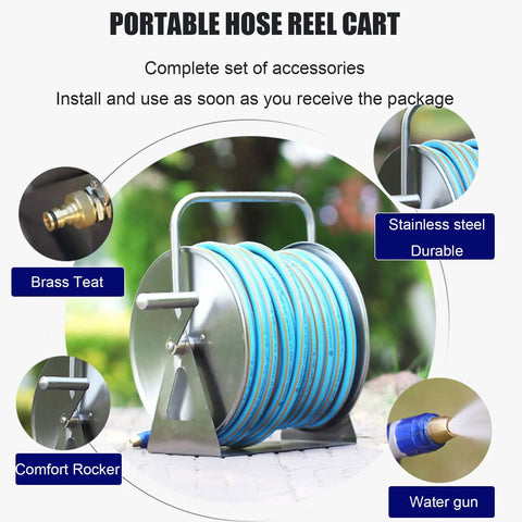 Heavy Duty Portable Wall Mount Garden Hose Reel With Durable Stainless Steel Hand Crank and One Half Inch Blue Hose, featuring brass teat and water gun.
