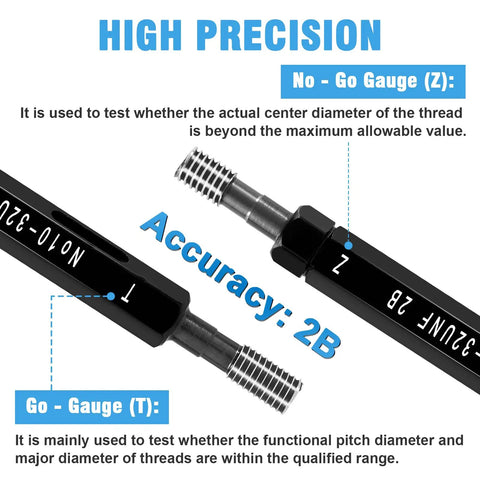 Go No Go Thread Gauge Set With Boxes For Internal Thread Detection, 2B Precision, showing two gauges with precision labels