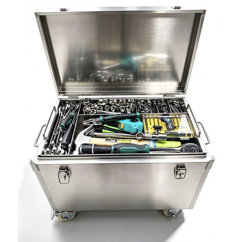 Ironclad 304 Stainless Steel Rolling Toolbox And Extra Heavy Duty Trolley Cart With Smooth Rolling Casters And Weather Resistant Construction For Secure Garage Storage Gear, open with tools inside.