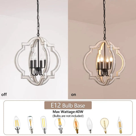 4 Light Vintage Wood Orb Pendant Chandelier For Island Kitchen Dining Room Hallway Foyer A Total Farmhouse Vibe With Adjustable Pendant Fixtures White Finish shown on and off.
