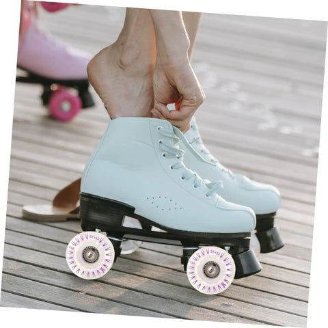 Person tying white skate boots with 2 Pack LED Quad Roller Skate Wheels Light Up Replacement For Indoor Outdoor Skating.