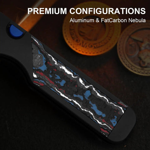 Militaw 315 KwikSwap EDC Pocket Knife 3.1 Inch M390 with FatCarbon Nebula handle detail showing aluminum and inlay design