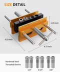 Self Centering Doweling Jig For Pro Grade Woodworking, Wide Capacity Drill Jig With Five Hole Sizes And Dual Bushings, Gold Finish