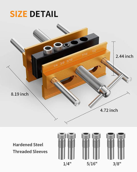 Self Centering Doweling Jig For Pro Grade Woodworking, Wide Capacity Drill Jig With Five Hole Sizes And Dual Bushings, Gold Finish