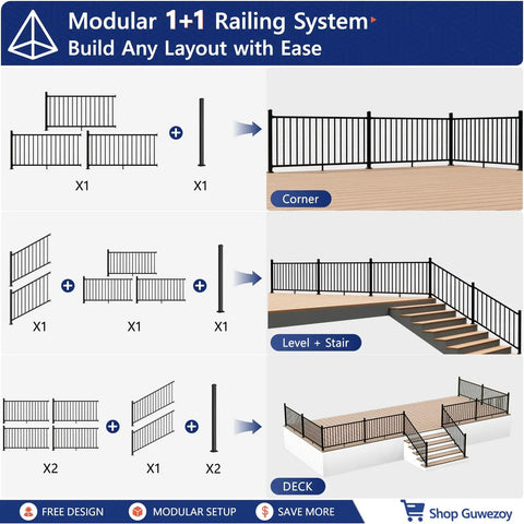Heavy Duty Modular Deck Railing System 36 Inches High By 6 Feet Long Solid 6063 Aluminum Rails in various layout options.