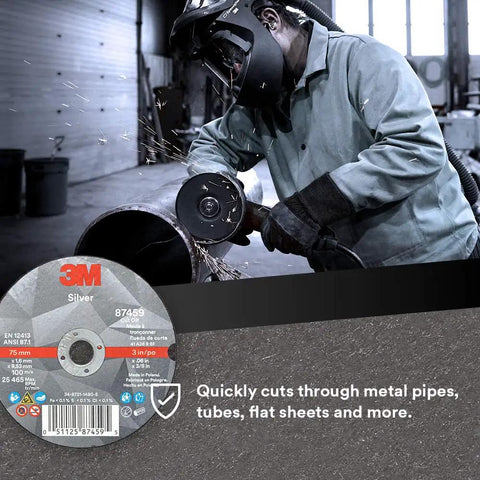 Worker using Silver Cut-Off Wheel with Ceramic Abrasive Grain for Ultra Fast, Cool Cutting in Pipework and Pro Grade Metal Fabrication