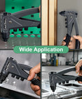 One Handed Pop Rivet Gun Set with Extended 9.6 Inch Ergonomic Handle and Non Slip Grip used on metal and wood surfaces