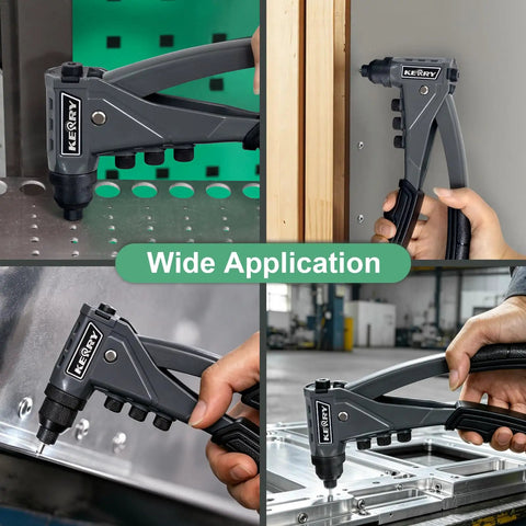 One Handed Pop Rivet Gun Set with Extended 9.6 Inch Ergonomic Handle and Non Slip Grip used on metal and wood surfaces