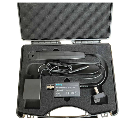 High Frequency AC DC Current Probe For Scope Testing With 50Mhz Bandwidth, accessories in foam case, 5A and 30A ranges.