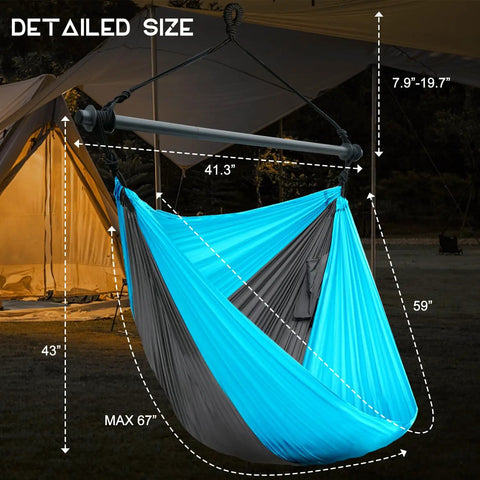 Outdoor Hanging Swing Chair For Adults, Portable Hammock Chair, Sky Blue and Dark Gray, detailed size dimensions shown