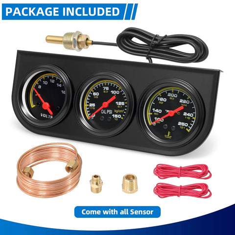 MH 2-inch/52mm triple gauge set: oil pressure 0–150 PSI, water temp 100–280°F, voltmeter; copper coil included.