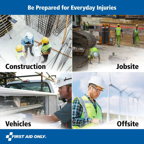 First Aid Only 9302-25M contractor first aid kit for 25 people; four-panel construction-site collage.