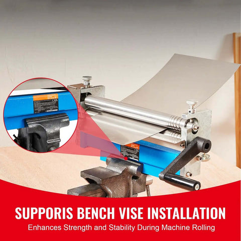 Slip Roll Machine With 12.6 Inch Forming Width For 20 Gauge Metal, showing installation on bench vise, sheet metal rolling and bending