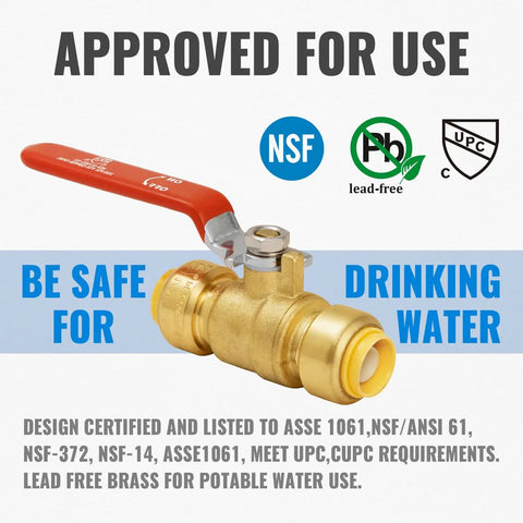 Half Inch Ball Valve Shut Off For Water Supply With Push To Connect Fittings For Pex Copper And CPVC No Lead Brass Includes One Disconnect Clip Pack Of Two