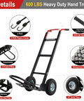Heavy Duty Aluminum Hand Truck With 600 Pound Capacity And 10 Inch Pneumatic Tires side view showing ergonomic handles and solid tires.