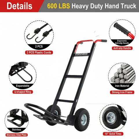 Heavy Duty Aluminum Hand Truck With 600 Pound Capacity And 10 Inch Pneumatic Tires side view showing ergonomic handles and solid tires.
