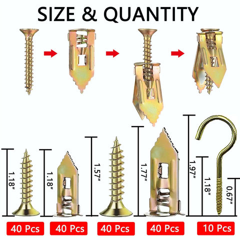 Self Drilling Drywall Anchors And Screws Kit With Zinc Plated Steel For No Drill Mounting, size and quantity details.
