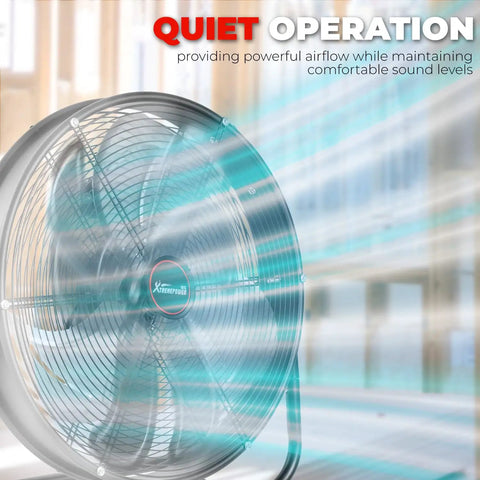 High Velocity 24 Inch Industrial Shop Drum Fan With Tilt Head in action, highlighting quiet operation in a commercial setting.