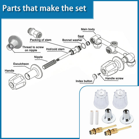 Detailed parts of Two Piece Bathtub And Shower Knob Replacement Kit With Clear Acrylic Handles, Stems, Seats And Flanges For Hot And Cold Water
