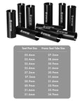 Multiple aluminum seatpost reducer shims with size chart, including Beefy Aluminum Bike Seatpost Reducer Shim, 100mm Length, Adapts 30.9mm Seatposts To 31.6mm Tubes, CNC Machined 6061 Alloy Sleeve For MTB, Mountain, Road And City Bikes
