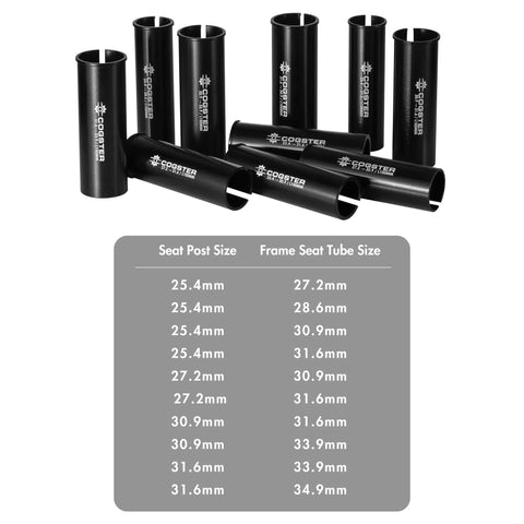 Multiple aluminum seatpost reducer shims with size chart, including Beefy Aluminum Bike Seatpost Reducer Shim, 100mm Length, Adapts 30.9mm Seatposts To 31.6mm Tubes, CNC Machined 6061 Alloy Sleeve For MTB, Mountain, Road And City Bikes