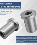 Heavy Duty Half Inch X 13 Stepped Female Weld On Nuts With Extended Threads And Low Carbon Steel Chassis Tabs shown from the side.
