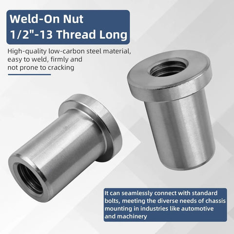 Heavy Duty Half Inch X 13 Stepped Female Weld On Nuts With Extended Threads And Low Carbon Steel Chassis Tabs shown from the side.