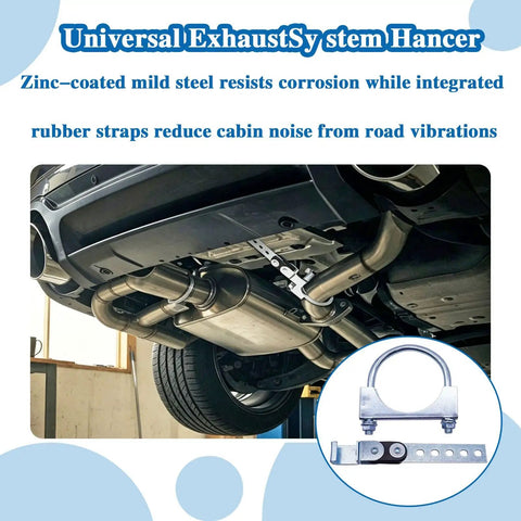 Get These Super Heavy Duty 3 Inch Swivel Exhaust Hangers With Reinforced Saddle U-Bolt Clamps To Securely Mount Your Muffler On Any Universal Tailpipe Setup Without Messy Mods. 3-inch zinc-coated mild steel hanger with rubber straps under car