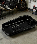 Premium Waste Oil Drain Basin For Car Repair And Motorcycle Maintenance, lightweight black PP plastic basin with pour spout.
