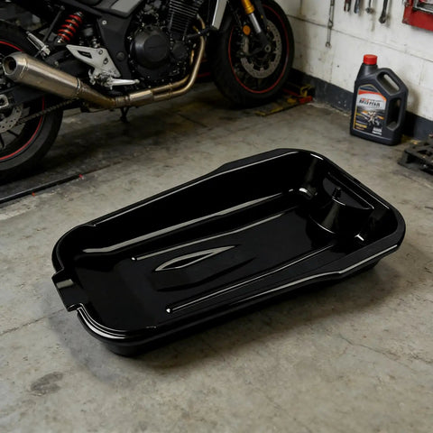 Premium Waste Oil Drain Basin For Car Repair And Motorcycle Maintenance, lightweight black PP plastic basin with pour spout.