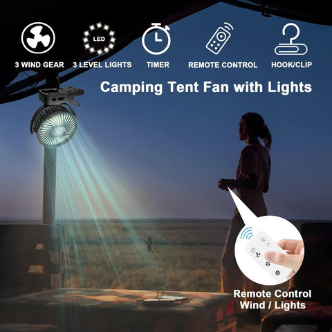 Portable Clip On Fan With Remote And Timer And LED Lights, 12000mAh USB Rechargeable Battery Delivers Up To 60 Hours Of Breeze under tent