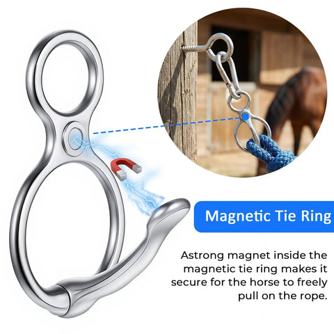 Two Pack Magnetic Horse Tie Ring Set With Stainless Steel Rings, Eye Bolt, And Quick Snap used for secure horse handling