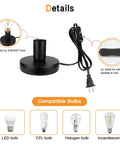 Industrial Table Lamp Base Only No Shade Included With E26 E27 Socket Metal Edison Style Stand 5.8Ft Cord With Switch Black Finish UL Listed Desk Lamp Base For DIY Lighting And Exposed Bulb Displays, showing socket, cord, and plug features with compatible bulb types.