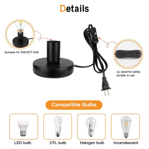 Industrial Table Lamp Base Only No Shade Included With E26 E27 Socket Metal Edison Style Stand 5.8Ft Cord With Switch Black Finish UL Listed Desk Lamp Base For DIY Lighting And Exposed Bulb Displays, showing socket, cord, and plug features with compatible bulb types.