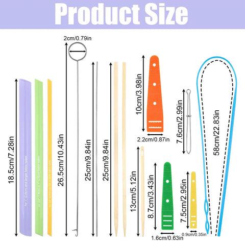 13 Piece Quick Turn Fabric Set For Sewing And Crafting, Multi Functional Fabric Tube Turner Tool Kit dimensions illustration