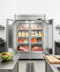 Heavy Duty Two Door Reach In Commercial Freezer 49 Cu Ft Stainless Steel showcasing seafood, meat, and condiments in restaurant kitchen.