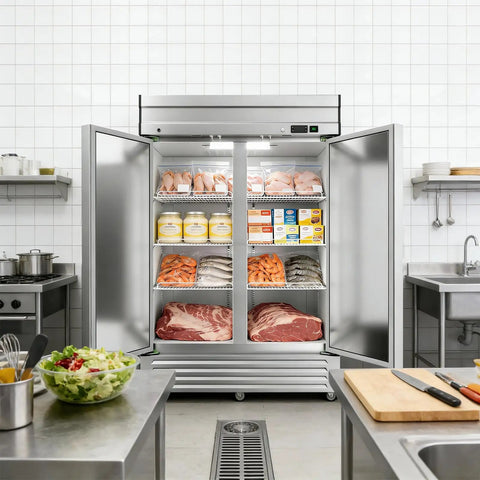 Heavy Duty Two Door Reach In Commercial Freezer 49 Cu Ft Stainless Steel showcasing seafood, meat, and condiments in restaurant kitchen.