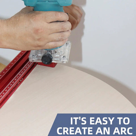 Straight Shooting Adjustable Router Template Guide Rail Bracket Crafted From Solid Aluminum Alloy Featuring Dual Measuring Rulers For Clean Smooth Cuts And Dead Straight Precision Edge Templates, in use for creating arcs.