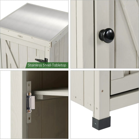 Close-up of Backyard Ready Weatherproof Outdoor Storage Cabinet With Potting Bench Table Shelves And Rust Proof Metal Top
