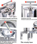 Heavy Duty Manual Honey Press Built With Thick 304 Stainless Steel For Serious Durability with T-shaped handle and stainless steel lid.