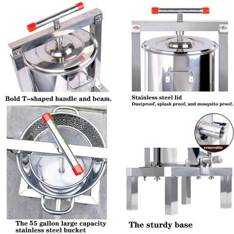 Heavy Duty Manual Honey Press Built With Thick 304 Stainless Steel For Serious Durability with T-shaped handle and stainless steel lid.