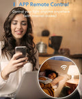 Woman controlling Smart WiFi LED Bulb Dimmable A19 E26 Warm White 2700K remotely via smartphone app with in-app remote control feature.