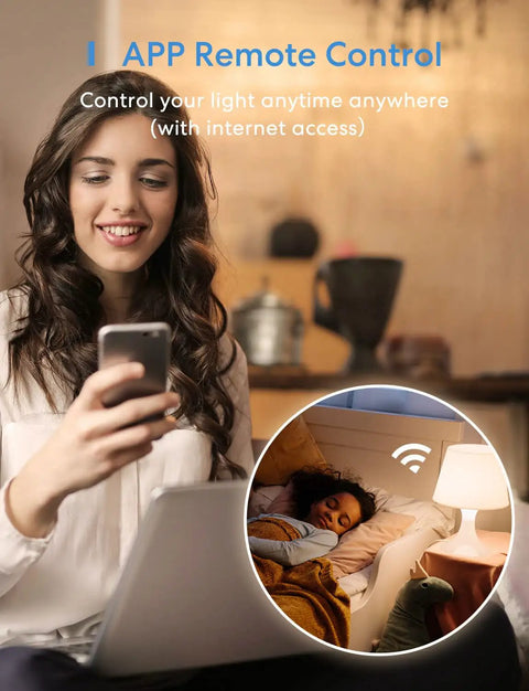 Woman controlling Smart WiFi LED Bulb Dimmable A19 E26 Warm White 2700K remotely via smartphone app with in-app remote control feature.