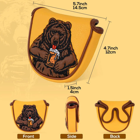 Beer Bear Golf Club Head Cover For Driver, Fairway Wood, Hybrid And Mallet Putter with embroidered beer-drinking bear design