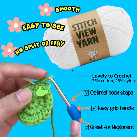 Hand crocheting with green yarn using a blue-handled hook, yarn label 'Stitch View,' part of Beginner Crochet Amigurumi Kit For Puppy With Bow Tie, 5 Inch Starter Set, Video Tutorial Included, All Supplies Included, Easy Learn To Crochet, Great Gift For Women Teens Girls.