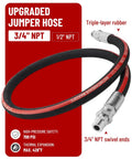 60 Inch Air Compressor Jumper Hose Kit With Three Quarter Inch NPT Swivel Ends Durable Three Layer Rubber Industrial Grade Heavy Duty 720 PSI High Temp Up To 428 F Leak Proof System shown coiled with labeled features.
