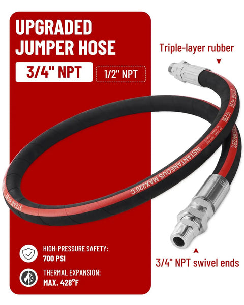 60 Inch Air Compressor Jumper Hose Kit With Three Quarter Inch NPT Swivel Ends Durable Three Layer Rubber Industrial Grade Heavy Duty 720 PSI High Temp Up To 428 F Leak Proof System shown coiled with labeled features.