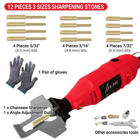 Electric Chainsaw Sharpening Kit 110V 180W High Speed Chainsaw Sharpener with accessories including gloves, bits, and guide.