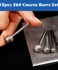 One Eighth Shank Diamond Grinding Burr Ball Shape Bits Set Of 15 Pro Grade Coarse 36 Grit shown with hand for scale