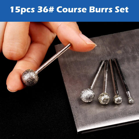 One Eighth Shank Diamond Grinding Burr Ball Shape Bits Set Of 15 Pro Grade Coarse 36 Grit shown with hand for scale